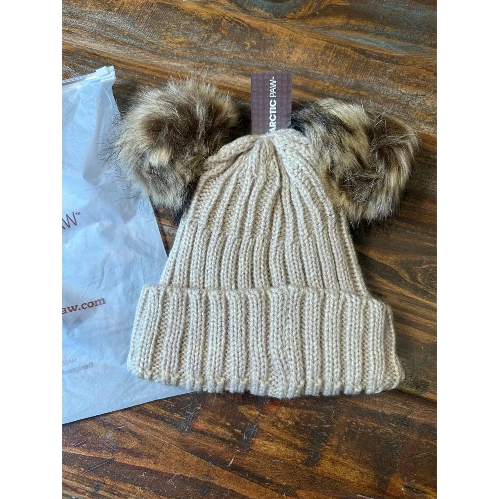 Arctic Paw Women Beige Double Pom Pom Beanie Fleece Lined Ribbed Knit Winter Hat